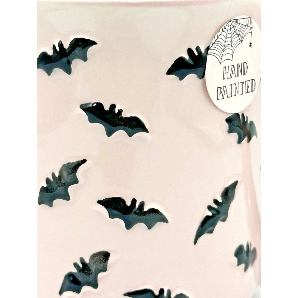 Cobwebs and Cauldrons Bats Mug Pink Black Hand Pinted Halloween Gothic - Picture 2 of 7